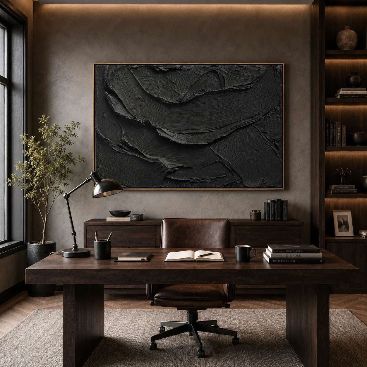 Black Textured Abstract Wall Art – Modern Minimalist Impasto Canvas Painting for Living Room Decor #OA 0804