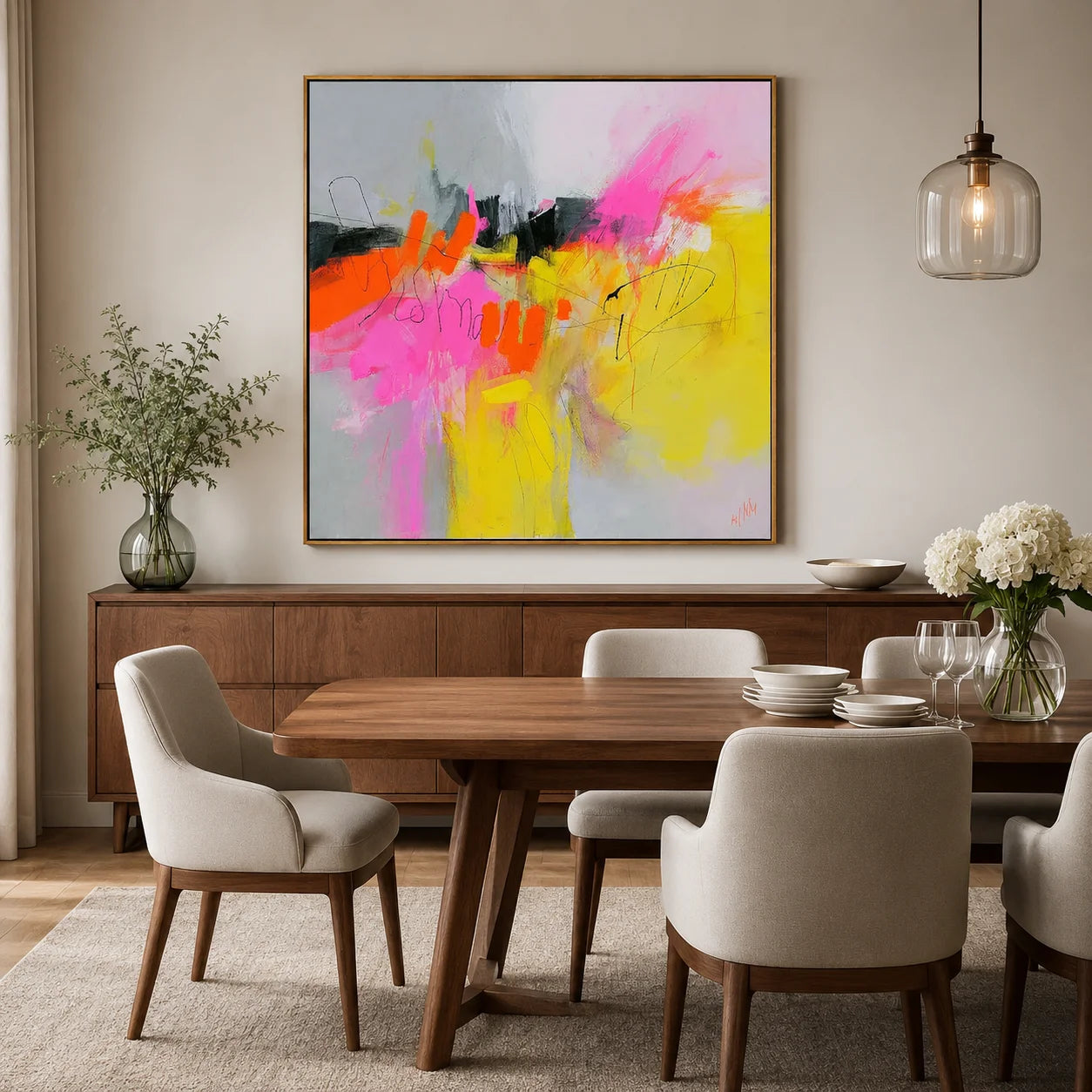 Colorful Abstract Expressionist Wall Art, Pink and Yellow Modern Canvas Painting for Living Room Decor #OA 0504