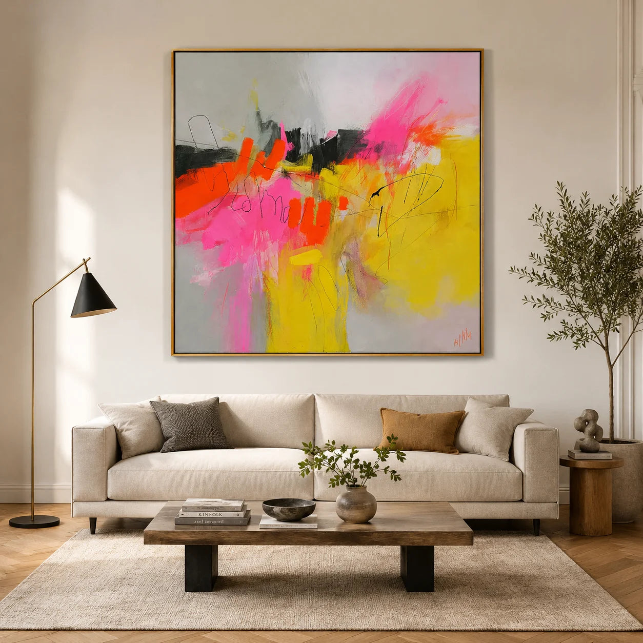 Colorful Abstract Expressionist Wall Art, Pink and Yellow Modern Canvas Painting for Living Room Decor #OA 0504
