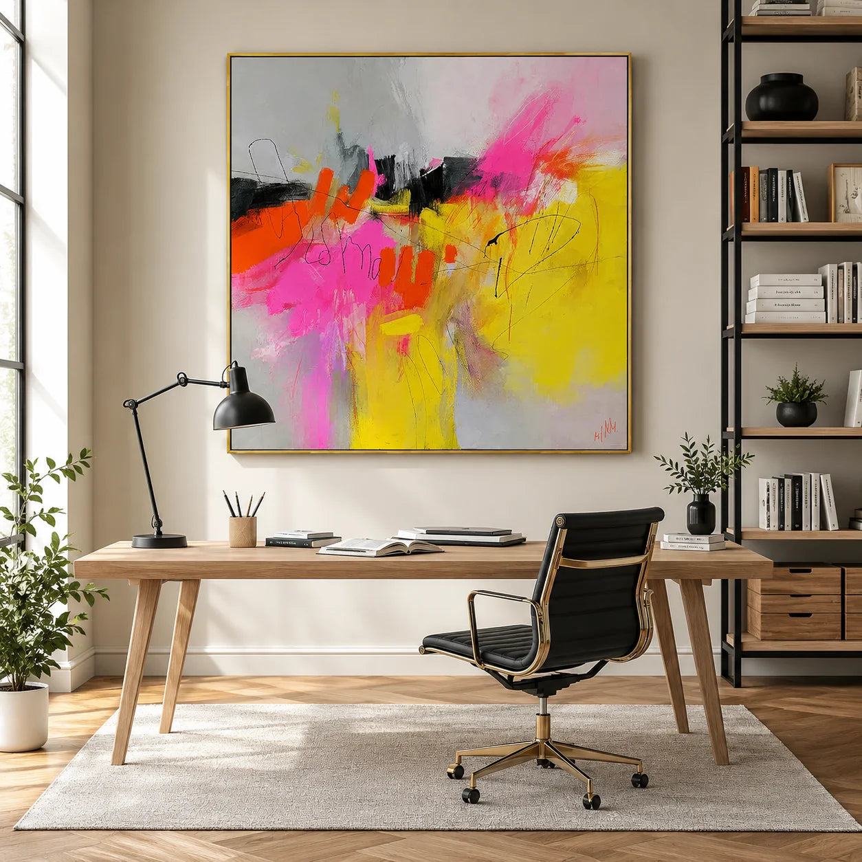 Colorful Abstract Expressionist Wall Art, Pink and Yellow Modern Canvas Painting for Living Room Decor #OA 0504