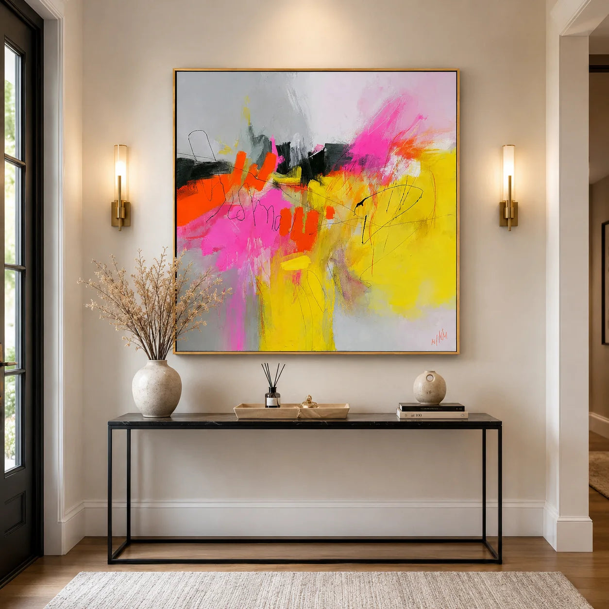 Colorful Abstract Expressionist Wall Art, Pink and Yellow Modern Canvas Painting for Living Room Decor #OA 0504