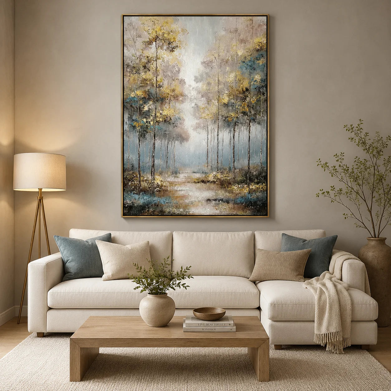 Golden Abstract Forest Wall Art, Modern Blue and Gold Landscape Canvas Painting for Living Room Decor #OA 0568