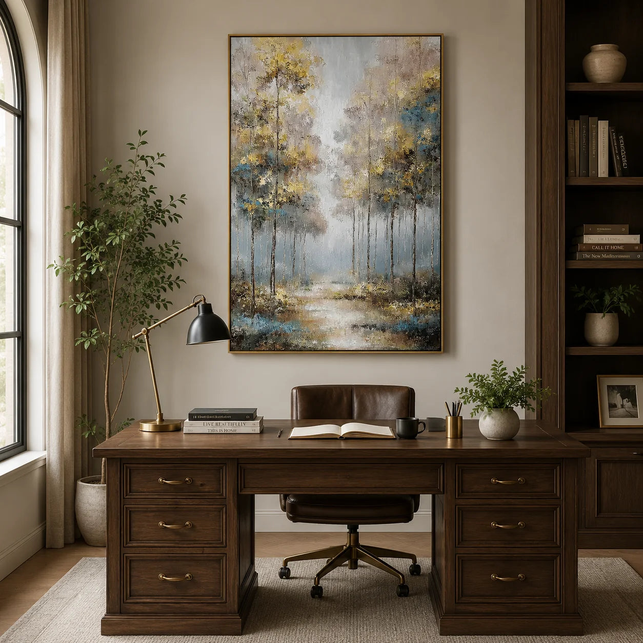 Golden Abstract Forest Wall Art, Modern Blue and Gold Landscape Canvas Painting for Living Room Decor #OA 0568