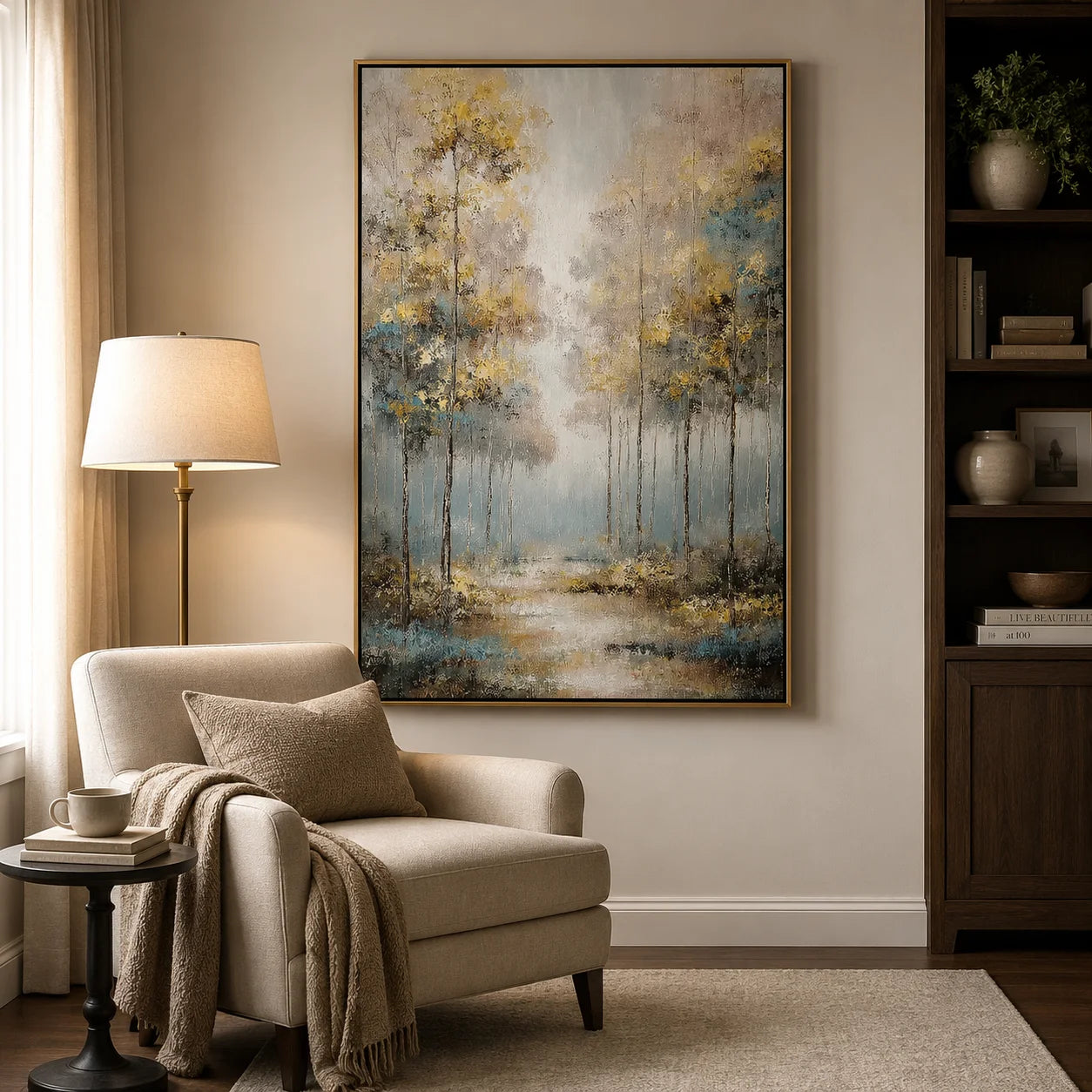 Golden Abstract Forest Wall Art, Modern Blue and Gold Landscape Canvas Painting for Living Room Decor #OA 0568
