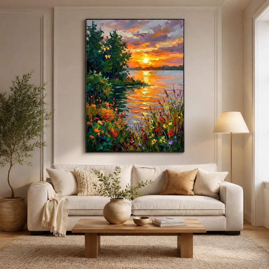 Colorful Sunset Lake Landscape Wall Art – Impressionist Nature Canvas Painting for Living Room Decor