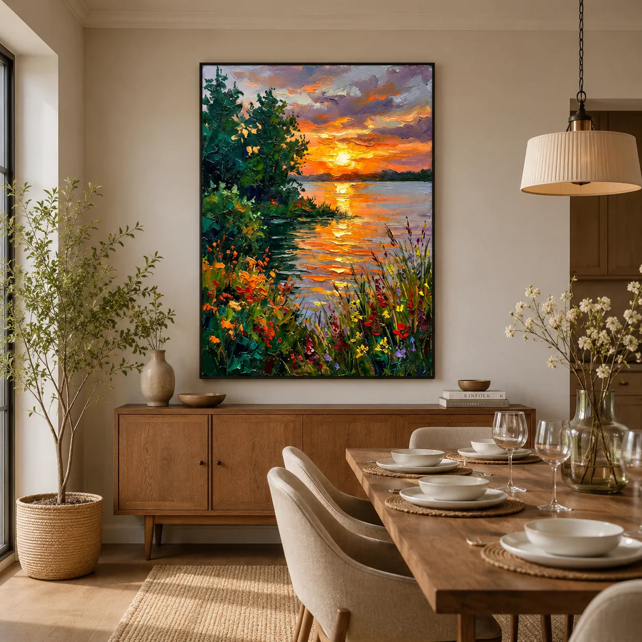 Colorful Sunset Lake Landscape Wall Art – Impressionist Nature Canvas Painting for Living Room Decor