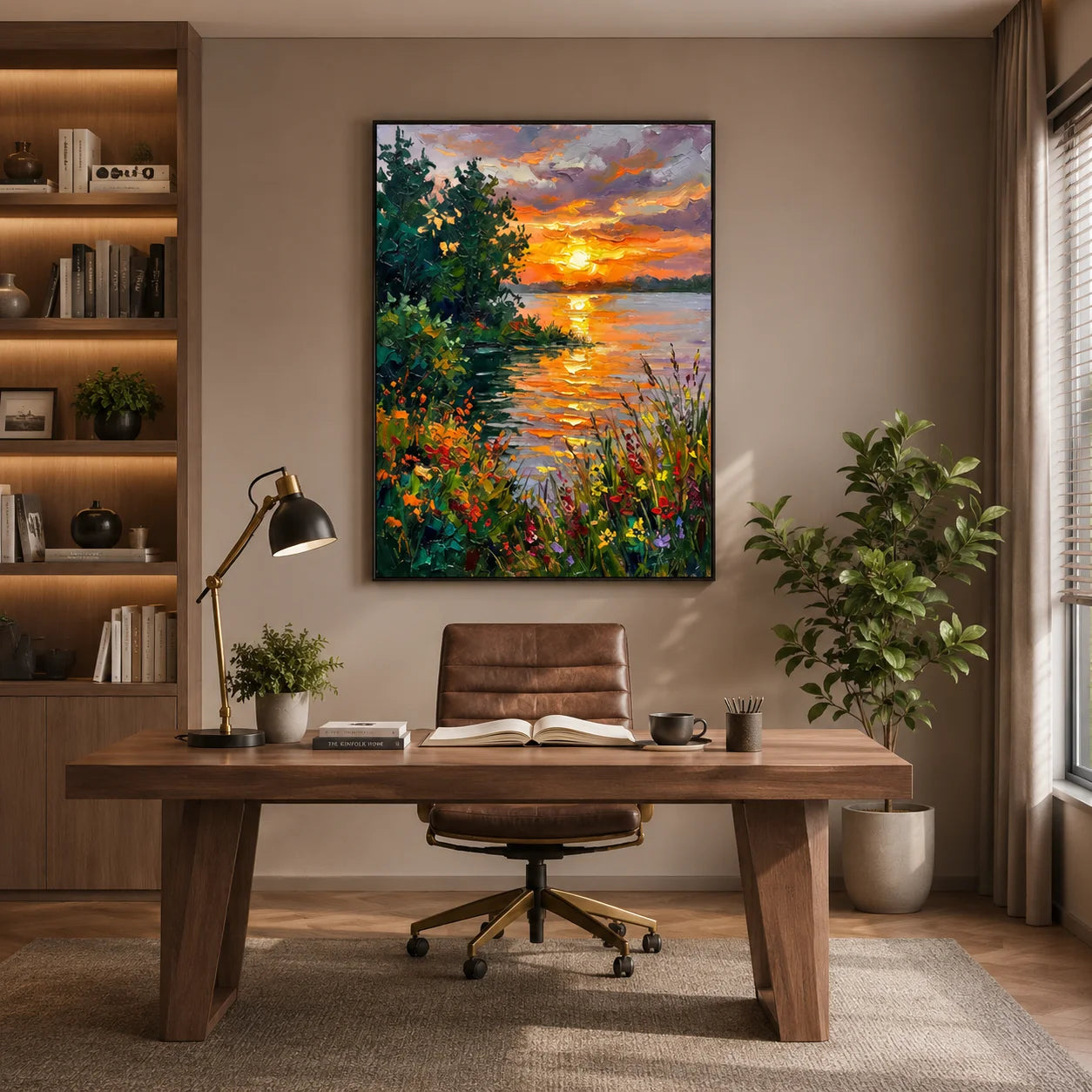 Colorful Sunset Lake Landscape Wall Art – Impressionist Nature Canvas Painting for Living Room Decor