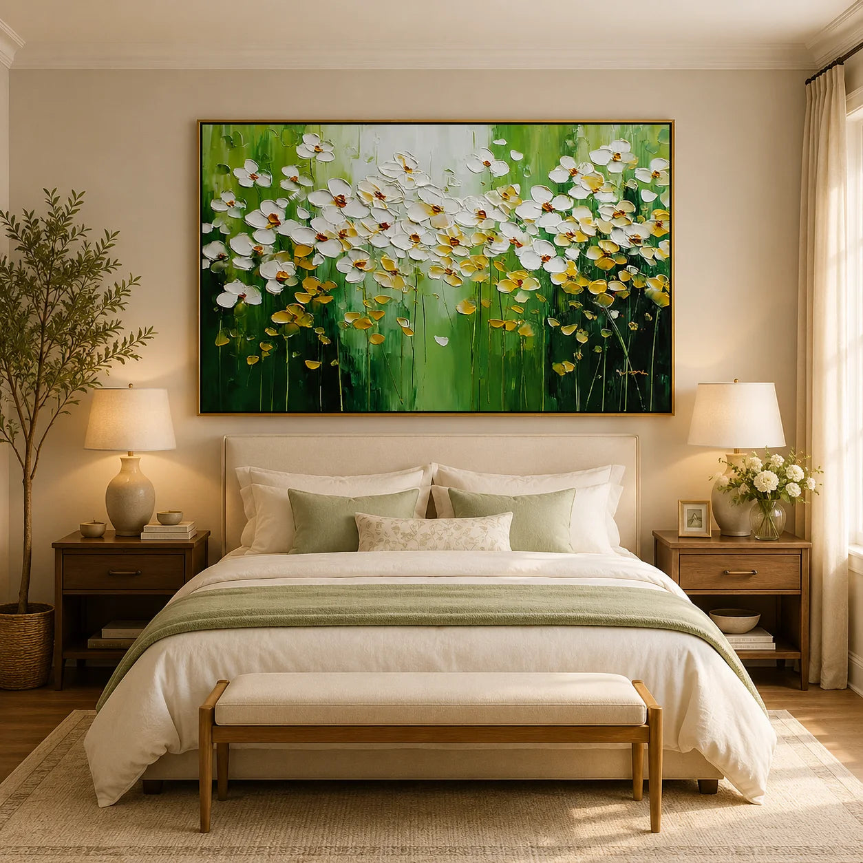 White Floral Oil Painting Canvas – Green Abstract Flower Wall Art for Living Room Modern Home Decor #OA 0476