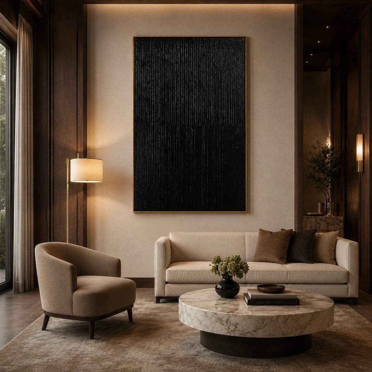 Black Textured Abstract Wall Art, Minimal Vertical Line Canvas Painting for Modern Living Room Décor #OA 0010