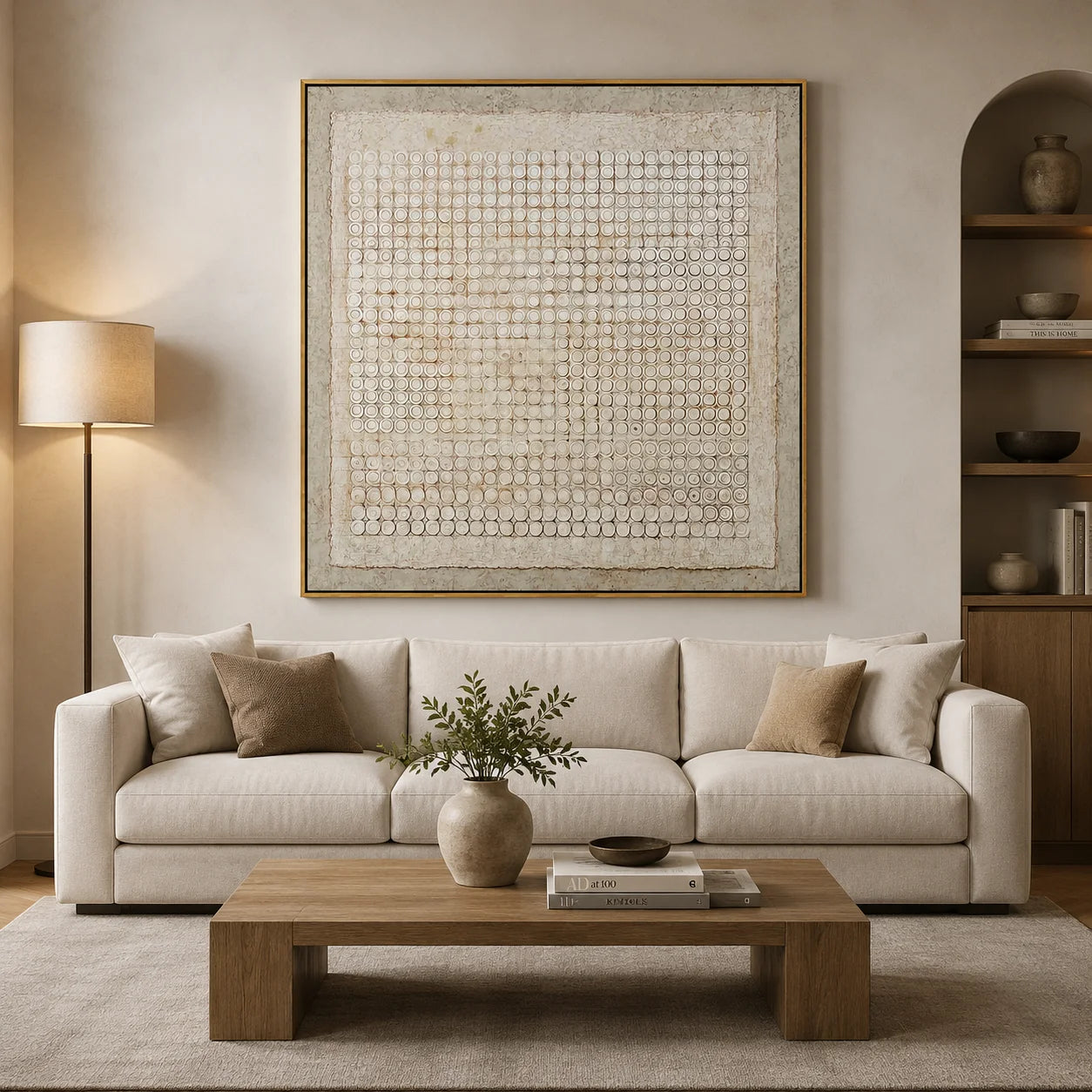 White Textured Geometric Abstract Wall Art, Neutral Circle Pattern Canvas Painting for Living Room Décor #OA 0006