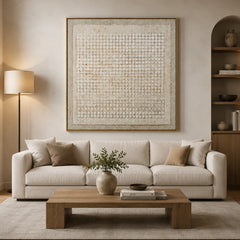 White Textured Geometric Abstract Wall Art, Neutral Circle Pattern Canvas Painting for Living Room Décor #OA 0006