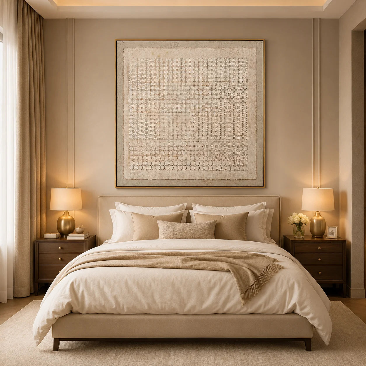 White Textured Geometric Abstract Wall Art, Neutral Circle Pattern Canvas Painting for Living Room Décor #OA 0006