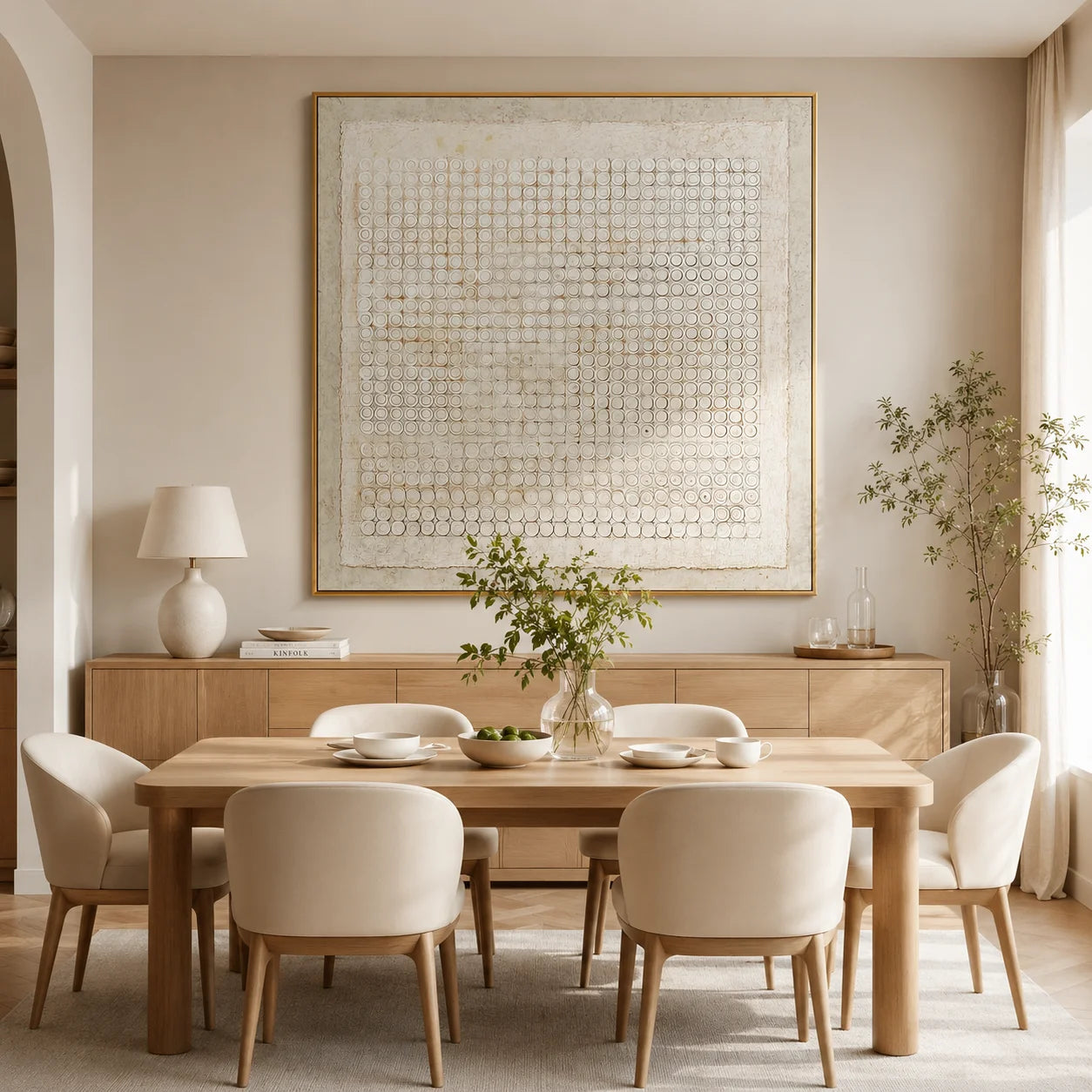 White Textured Geometric Abstract Wall Art, Neutral Circle Pattern Canvas Painting for Living Room Décor #OA 0006