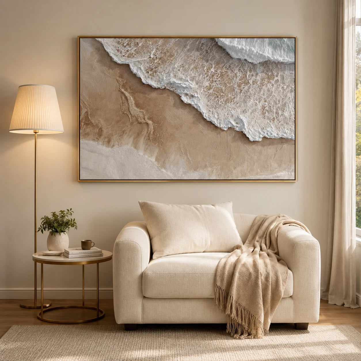 Large Neutral Ocean Wave Canvas Painting | Modern Coastal Beach Wall Art Handmade Oil Painting#OA0002