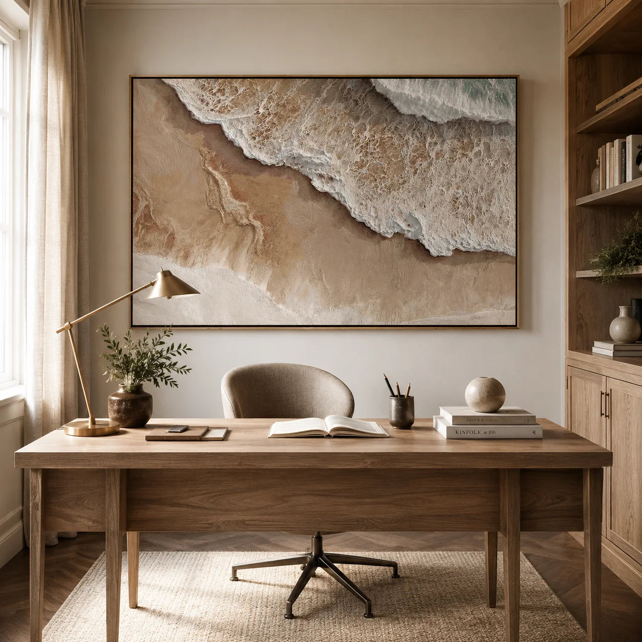 Large Neutral Ocean Wave Canvas Painting | Modern Coastal Beach Wall Art Handmade Oil Painting#OA0002
