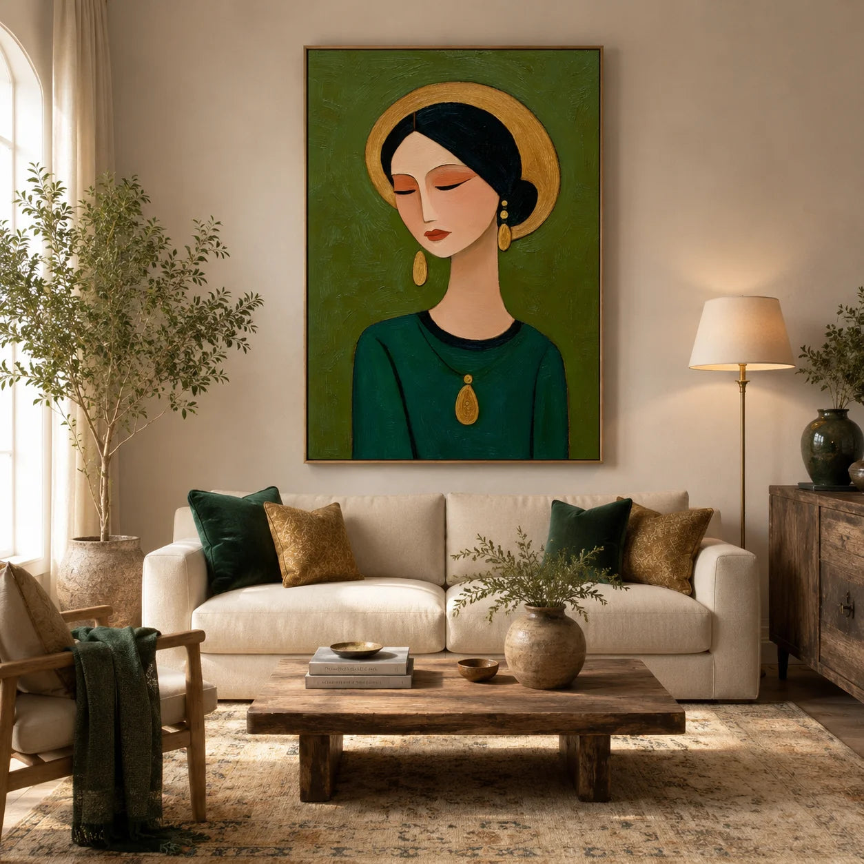 Hand-Painted Female Portrait Oil Painting, Textured Green Figurative Wall Art for Modern Home Decor OA#0912