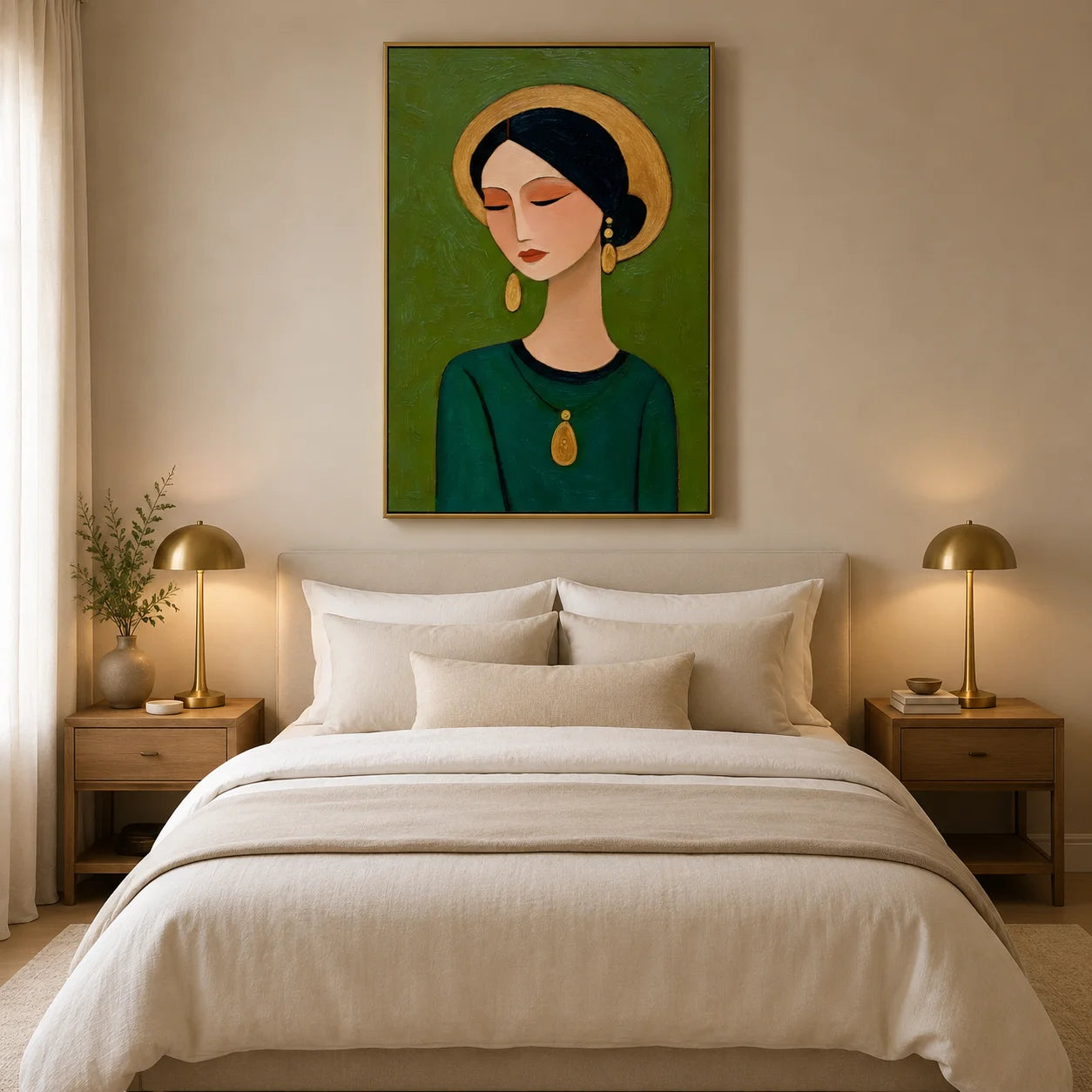 Hand-Painted Female Portrait Oil Painting, Textured Green Figurative Wall Art for Modern Home Decor OA#0912