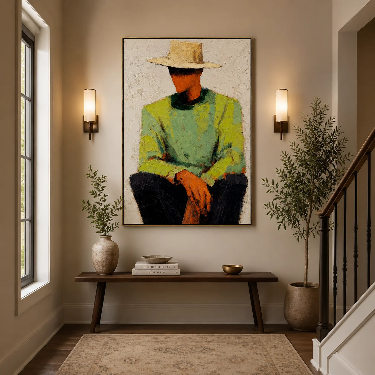 Abstract Man with Hat Hand-Painted Oil Painting | Modern Portrait Wall Art for Living Room & Bedroom OA#0916