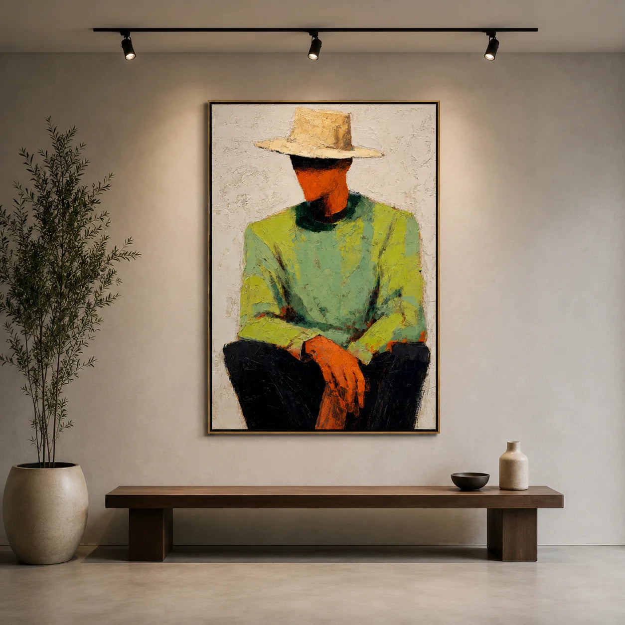 Abstract Man with Hat Hand-Painted Oil Painting | Modern Portrait Wall Art for Living Room & Bedroom OA#0916
