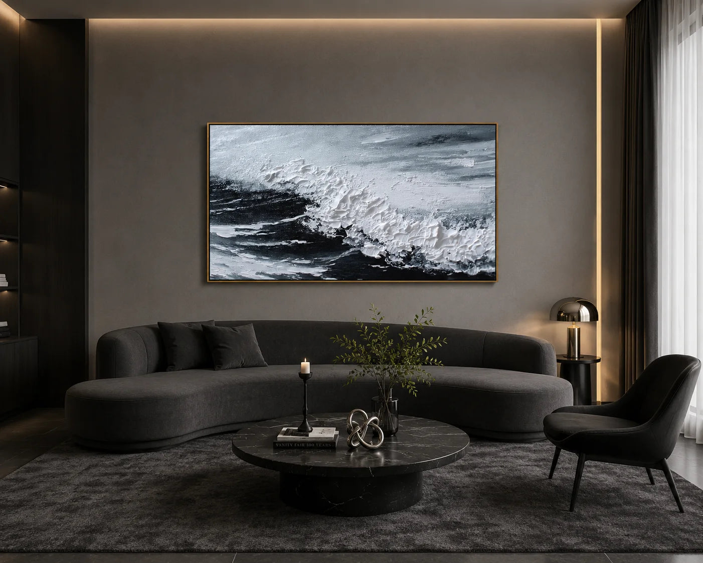 Black and White Ocean Wave Painting – Modern Textured Coastal Wall Art#OA 0906