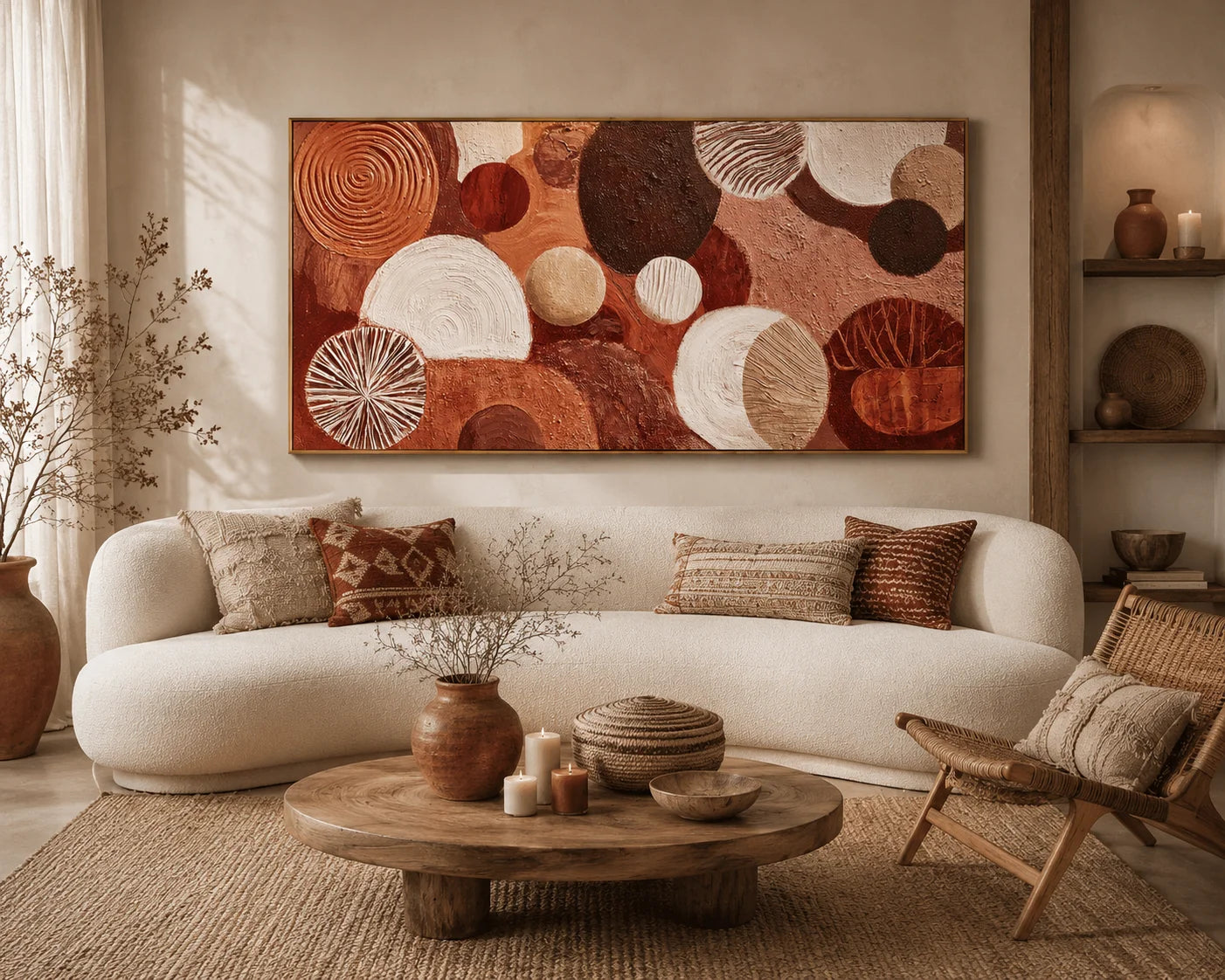 Large Abstract Circle Canvas Wall Art – Boho Earth Tone Textured Painting for Modern Living Room Decor#OA 0837