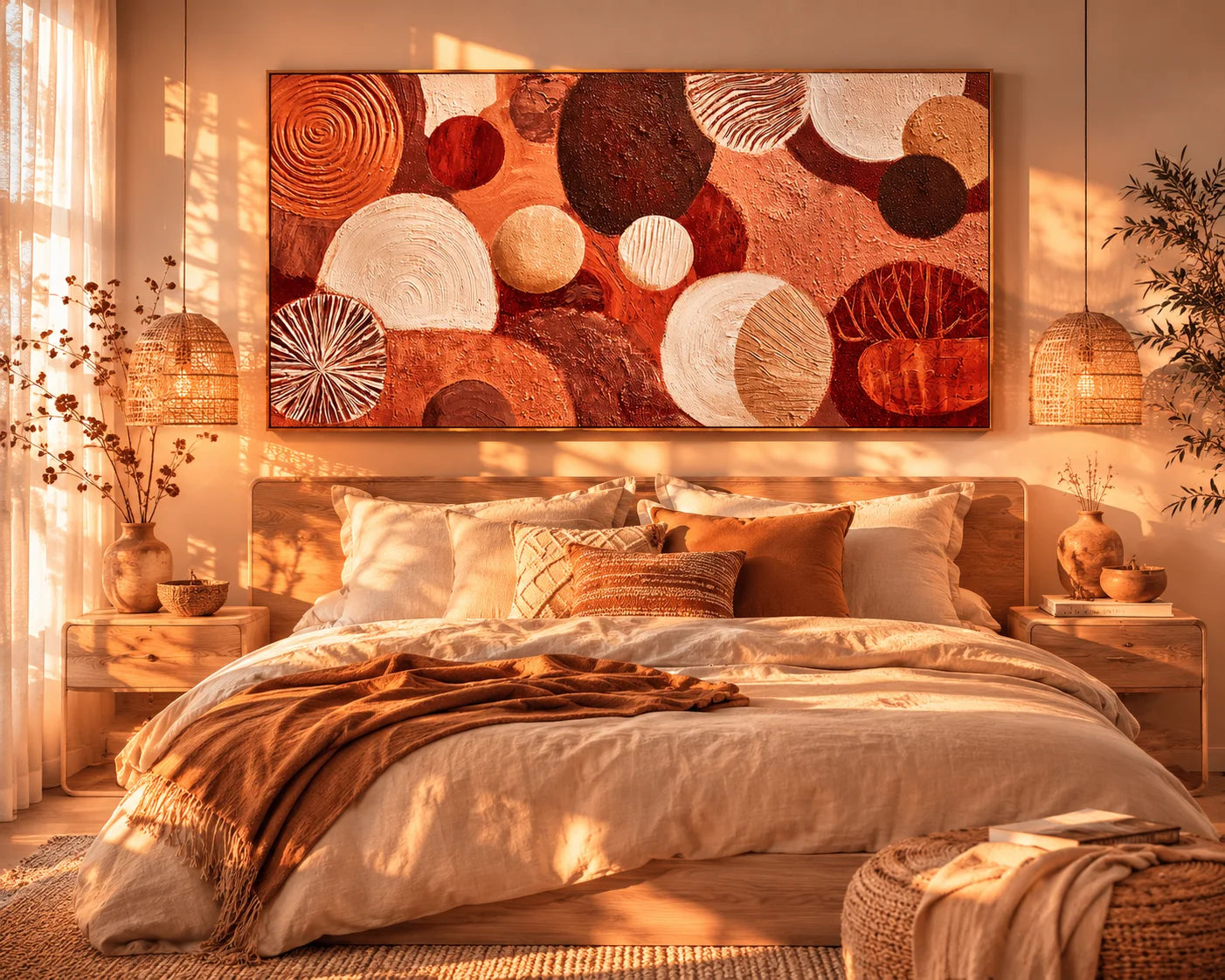 Large Abstract Circle Canvas Wall Art – Boho Earth Tone Textured Painting for Modern Living Room Decor#OA 0837