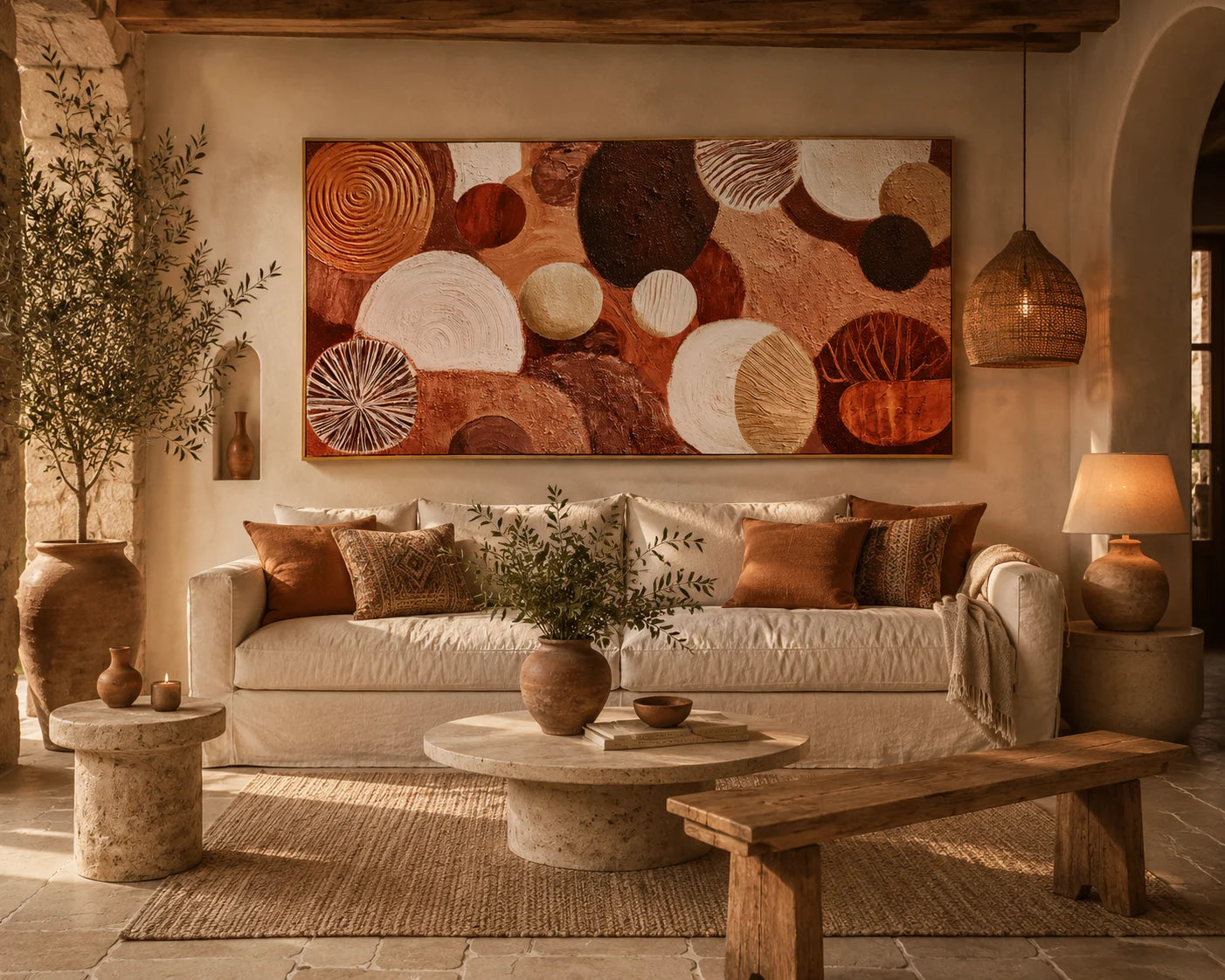 Large Abstract Circle Canvas Wall Art – Boho Earth Tone Textured Painting for Modern Living Room Decor#OA 0837