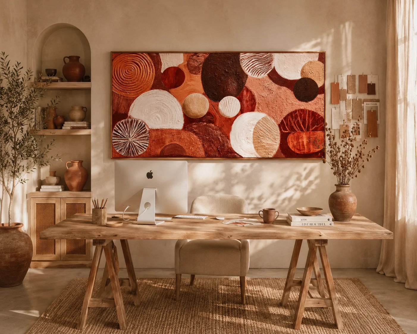Large Abstract Circle Canvas Wall Art – Boho Earth Tone Textured Painting for Modern Living Room Decor#OA 0837