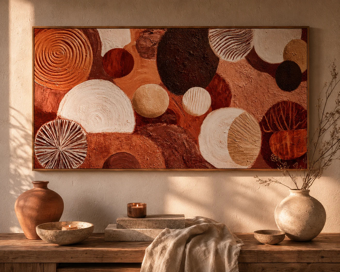 Large Abstract Circle Canvas Wall Art – Boho Earth Tone Textured Painting for Modern Living Room Decor#OA 0837