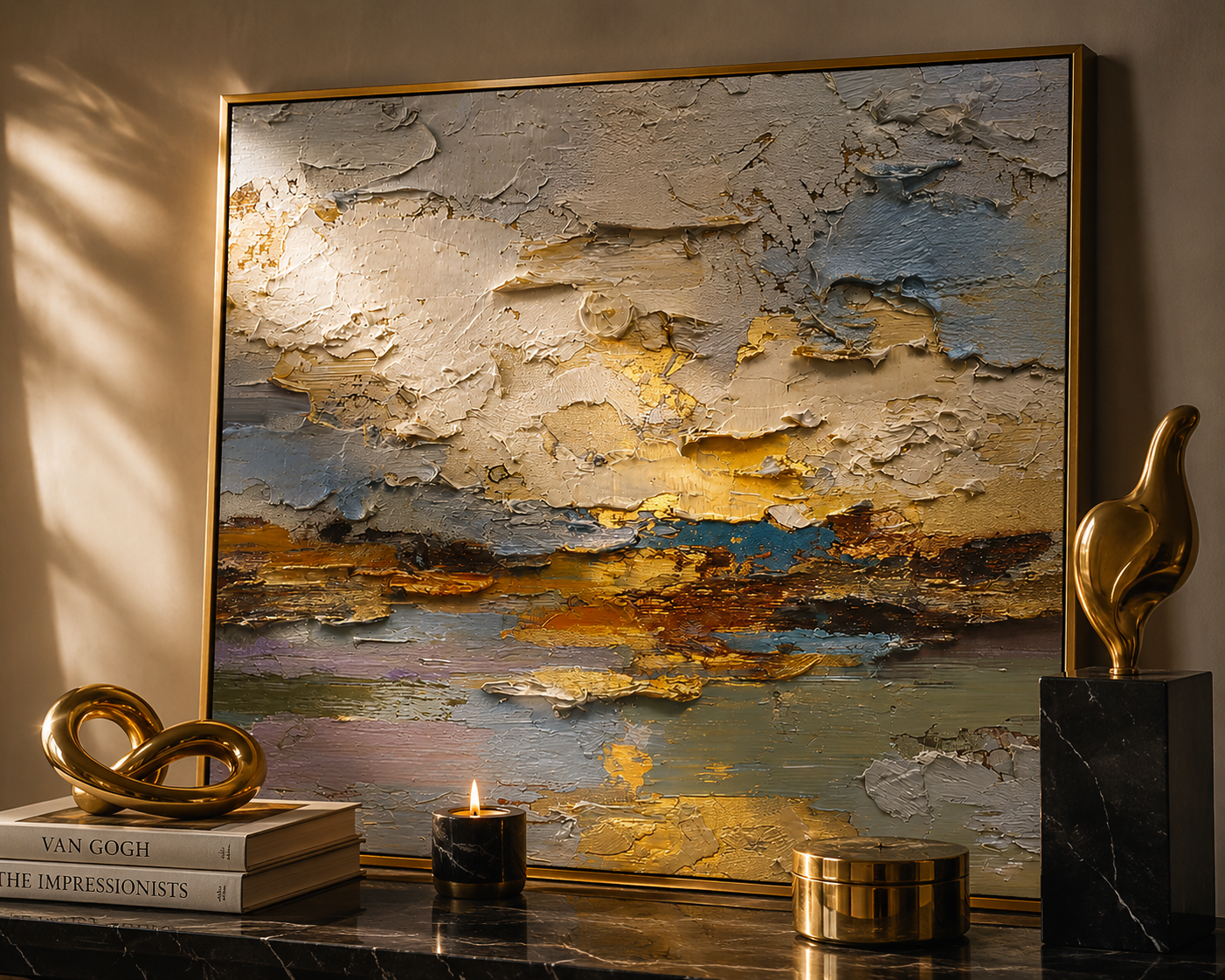 Textured Abstract Gold Oil Painting – Modern Neutral Wall Art#OA 0900