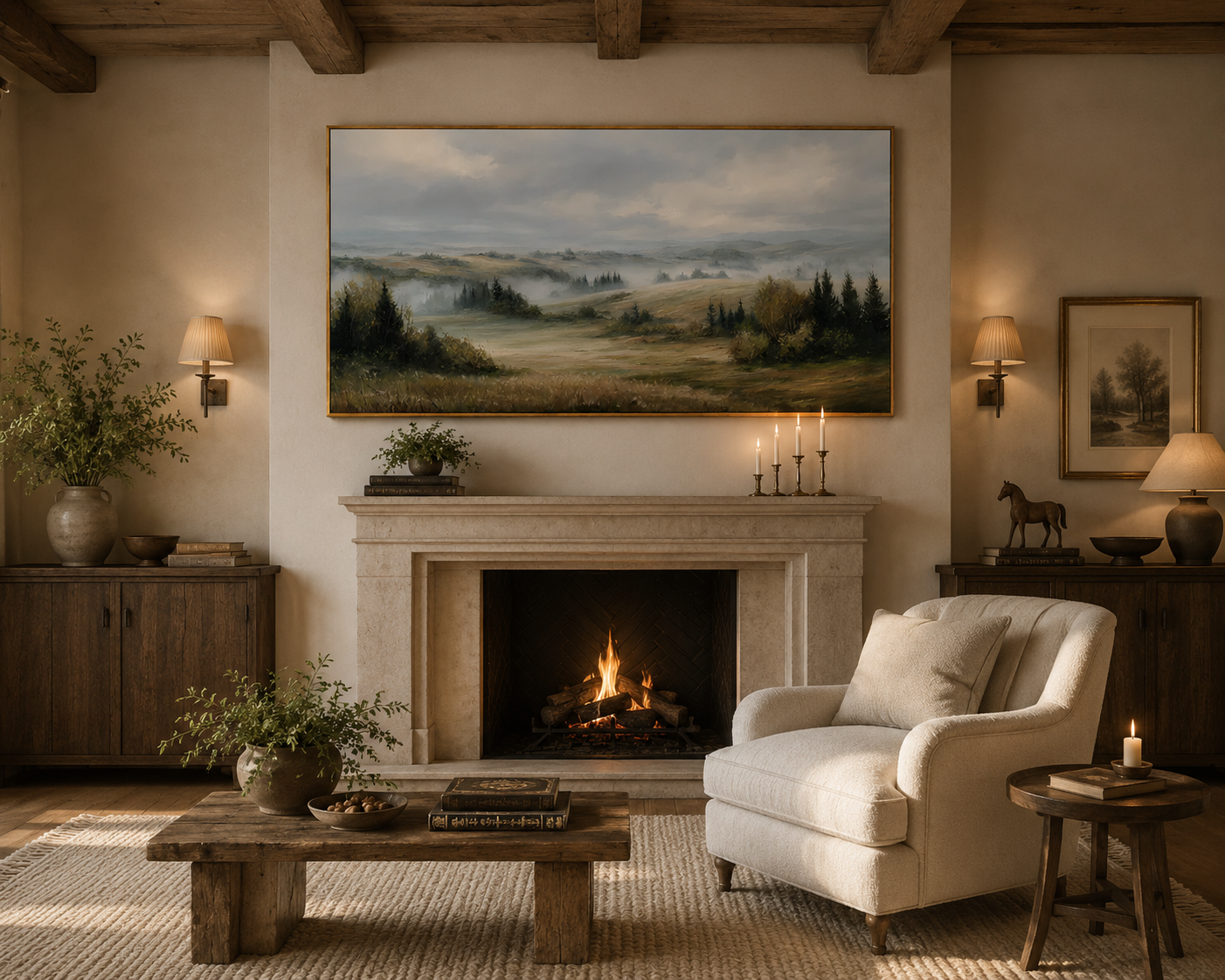 Misty Countryside Landscape Painting – Panoramic Neutral Nature Wall Art#OA 0899