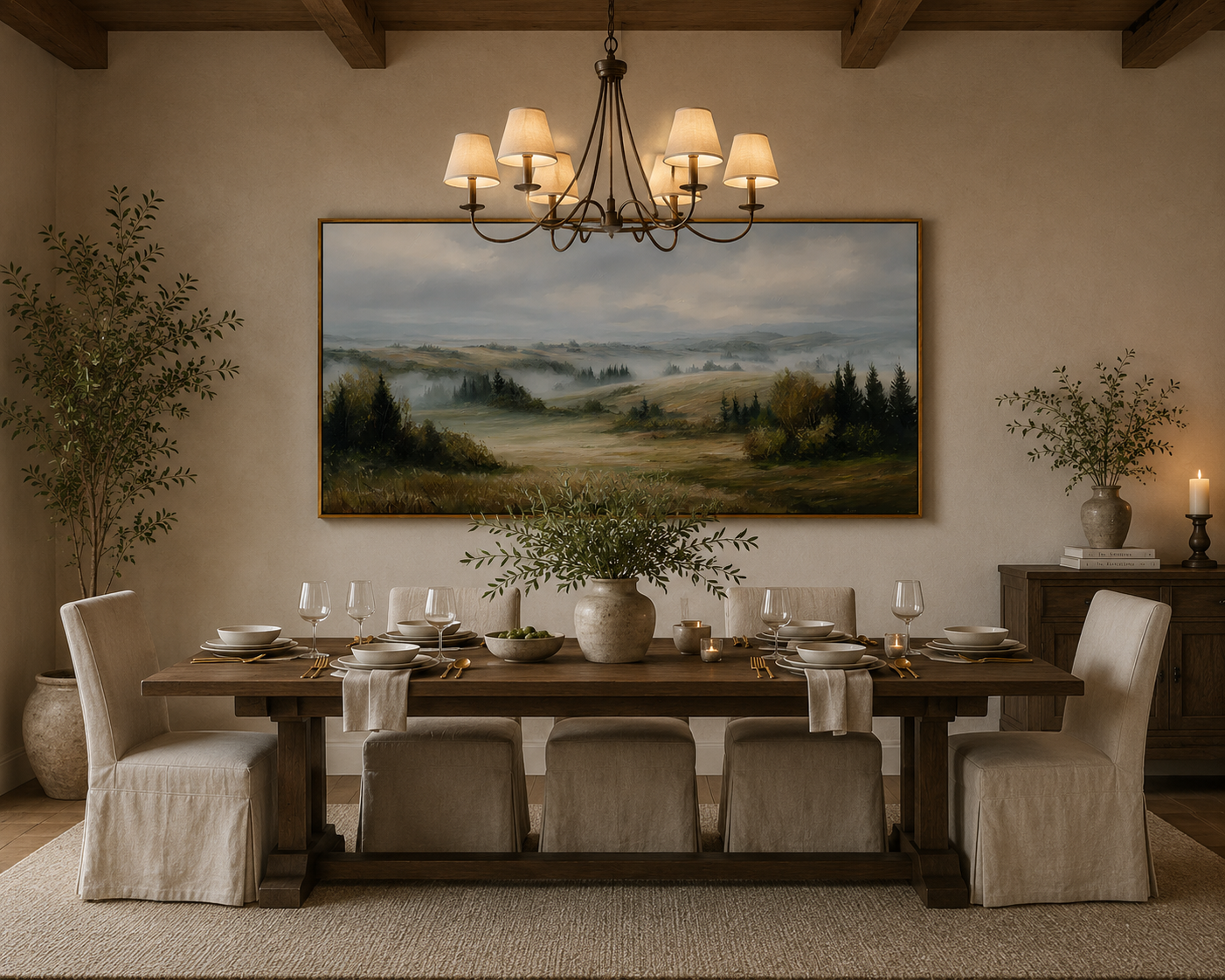 Misty Countryside Landscape Painting – Panoramic Neutral Nature Wall Art#OA 0899
