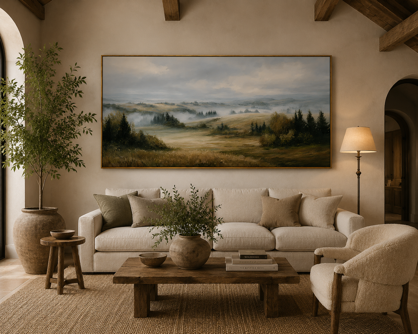 Misty Countryside Landscape Painting – Panoramic Neutral Nature Wall Art#OA 0899