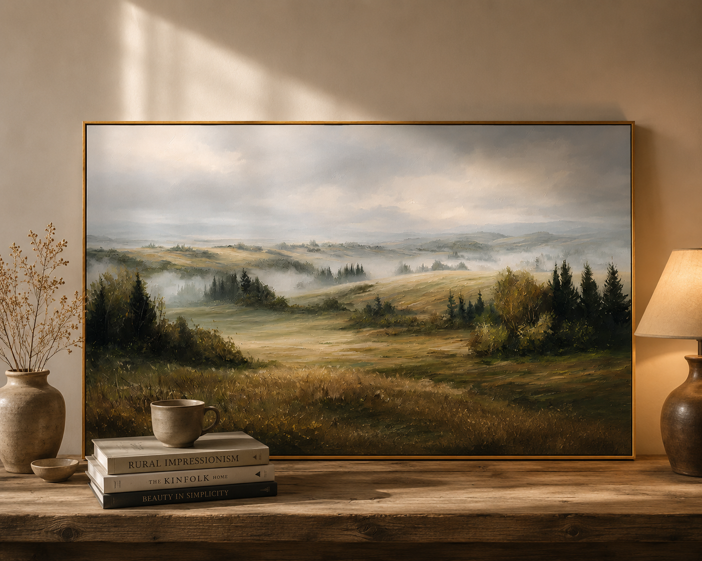 Misty Countryside Landscape Painting – Panoramic Neutral Nature Wall Art#OA 0899