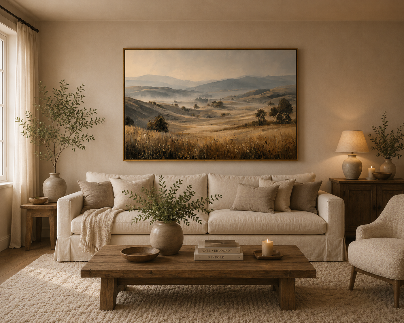 Misty Golden Meadow Landscape Painting – Neutral Countryside Wall Art#OA 0897