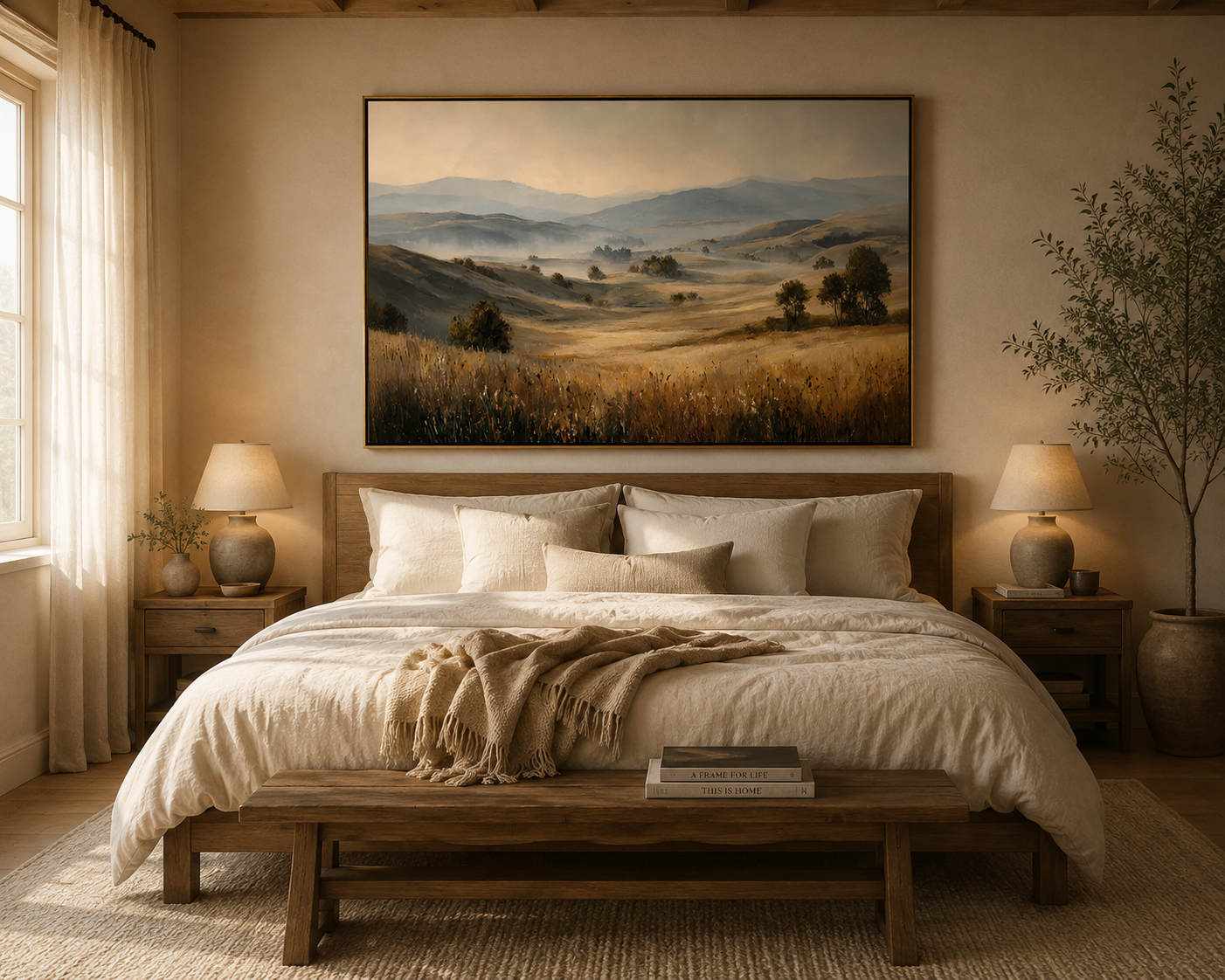 Misty Golden Meadow Landscape Painting – Neutral Countryside Wall Art#OA 0897