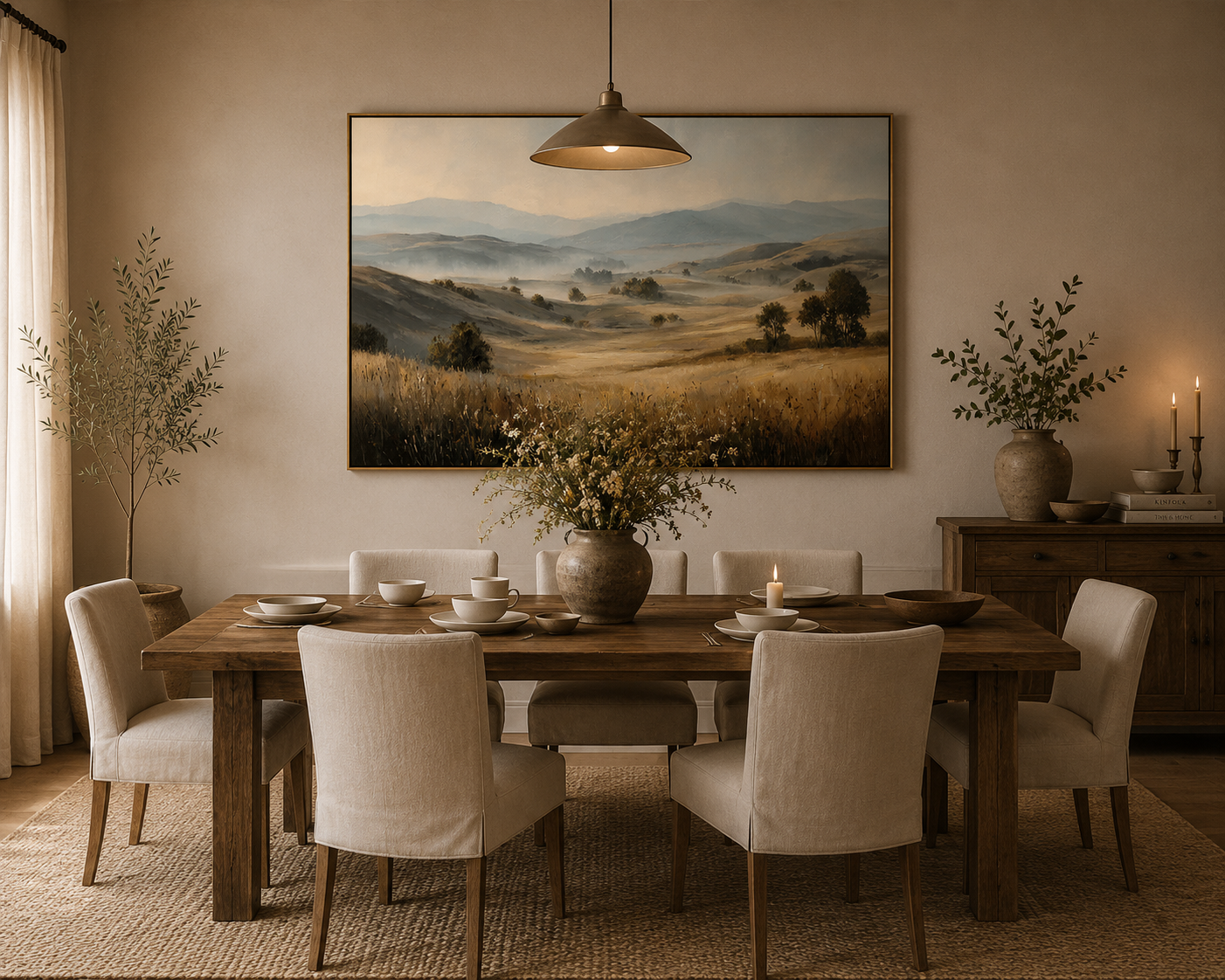 Misty Golden Meadow Landscape Painting – Neutral Countryside Wall Art#OA 0897