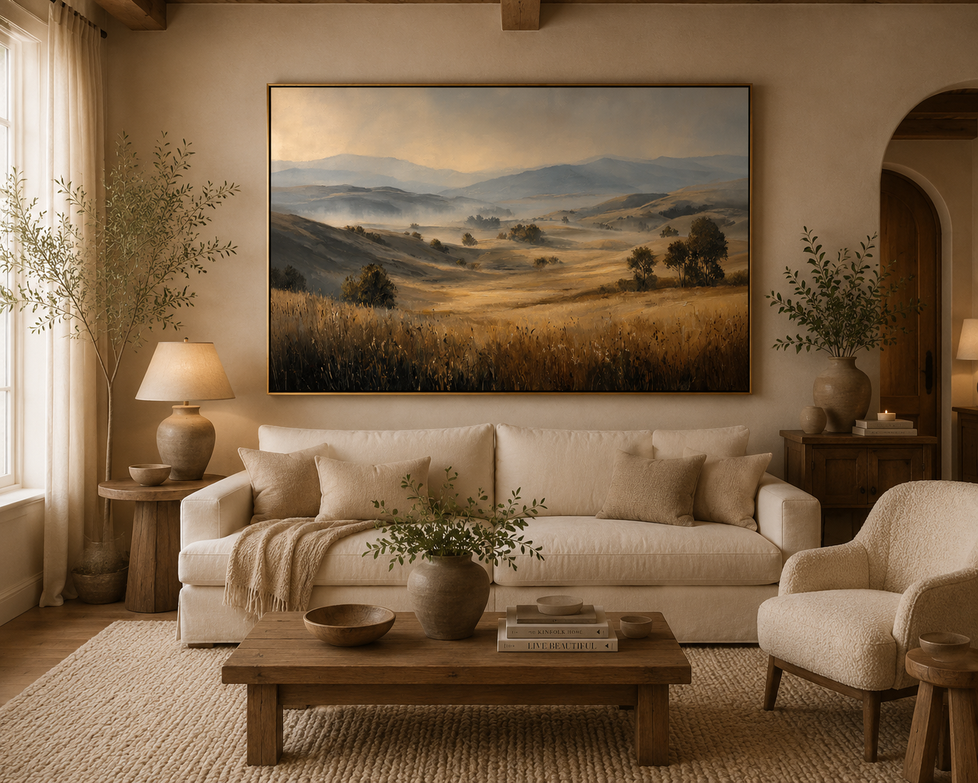 Misty Golden Meadow Landscape Painting – Neutral Countryside Wall Art#OA 0897