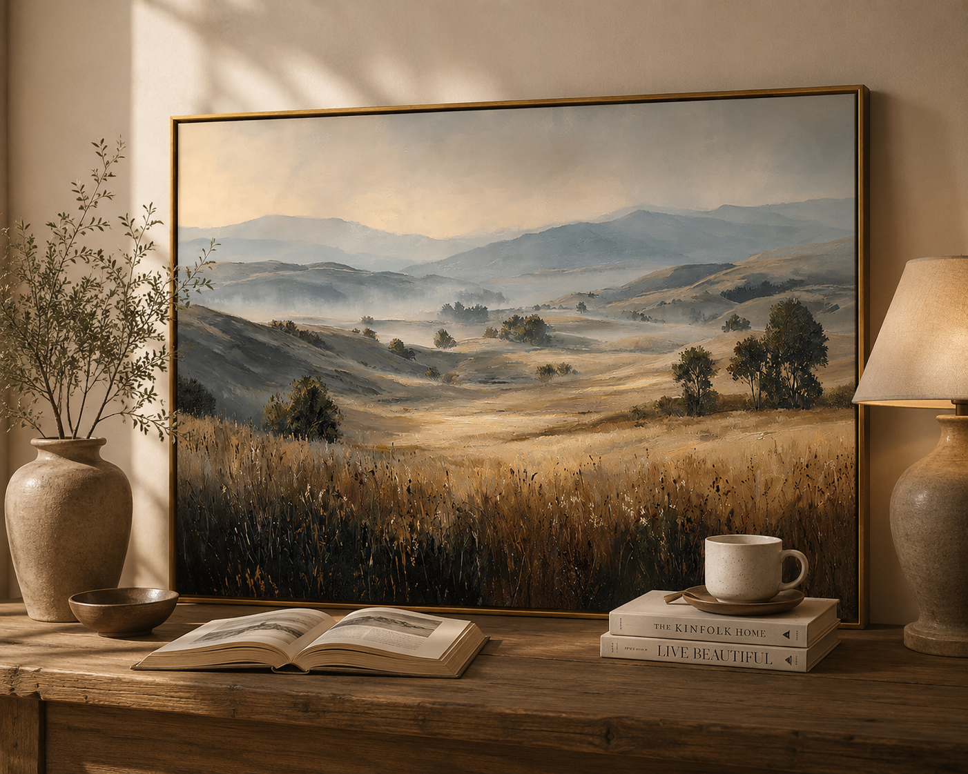 Misty Golden Meadow Landscape Painting – Neutral Countryside Wall Art#OA 0897
