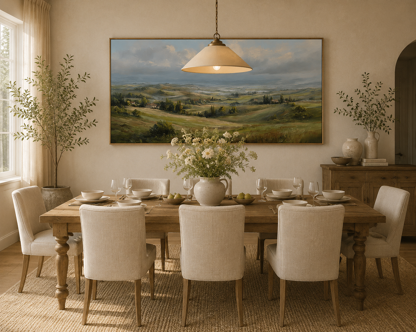 Panoramic Tuscany Landscape Painting – Rolling Hills Countryside Wall Art#0896