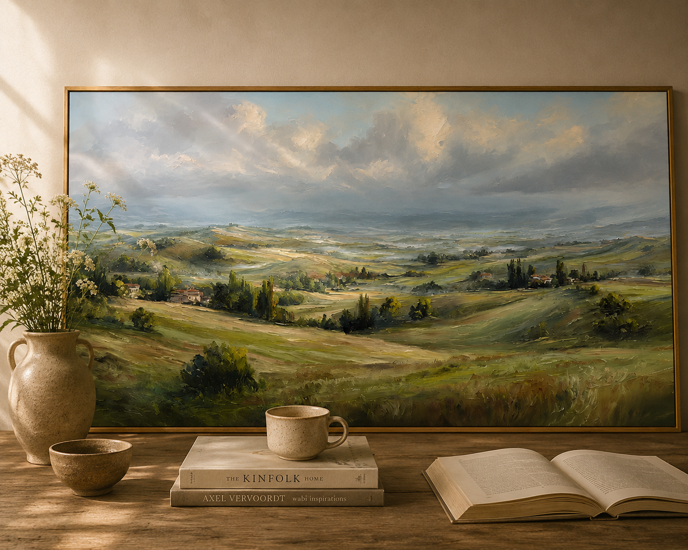 Panoramic Tuscany Landscape Painting – Rolling Hills Countryside Wall Art#0896