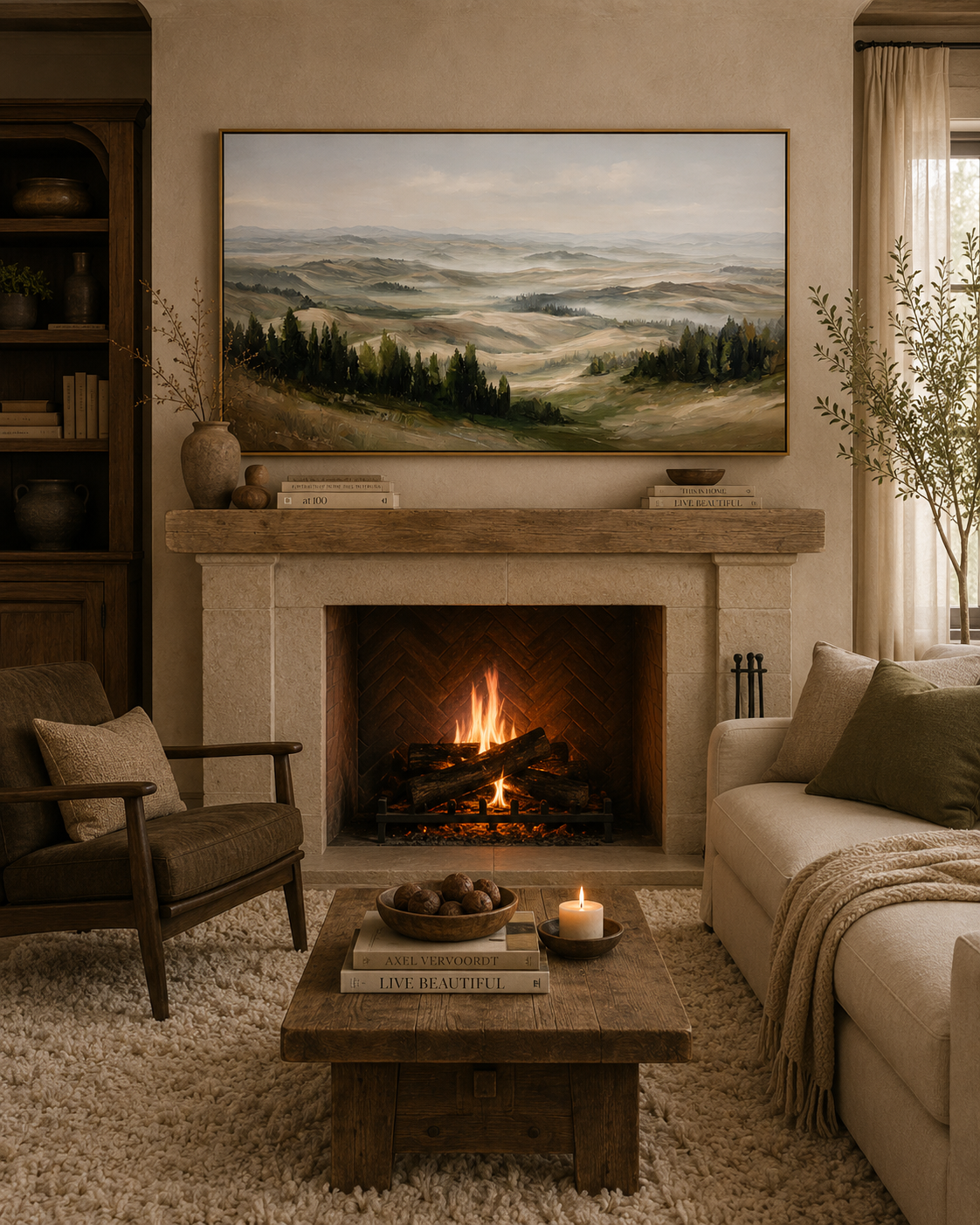 Misty Rolling Hills Landscape Painting – Panoramic Neutral Nature Wall Art#OA 0895