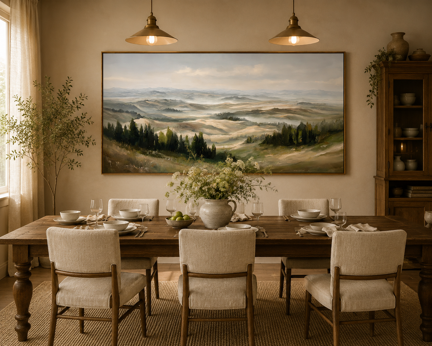 Misty Rolling Hills Landscape Painting – Panoramic Neutral Nature Wall Art#OA 0895