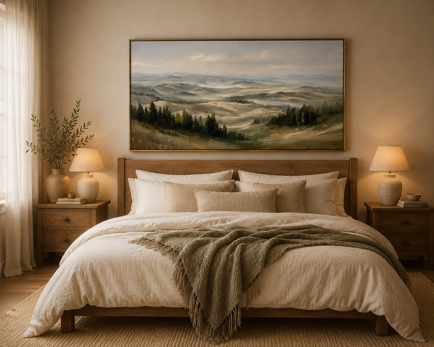 Misty Rolling Hills Landscape Painting – Panoramic Neutral Nature Wall Art#OA 0895