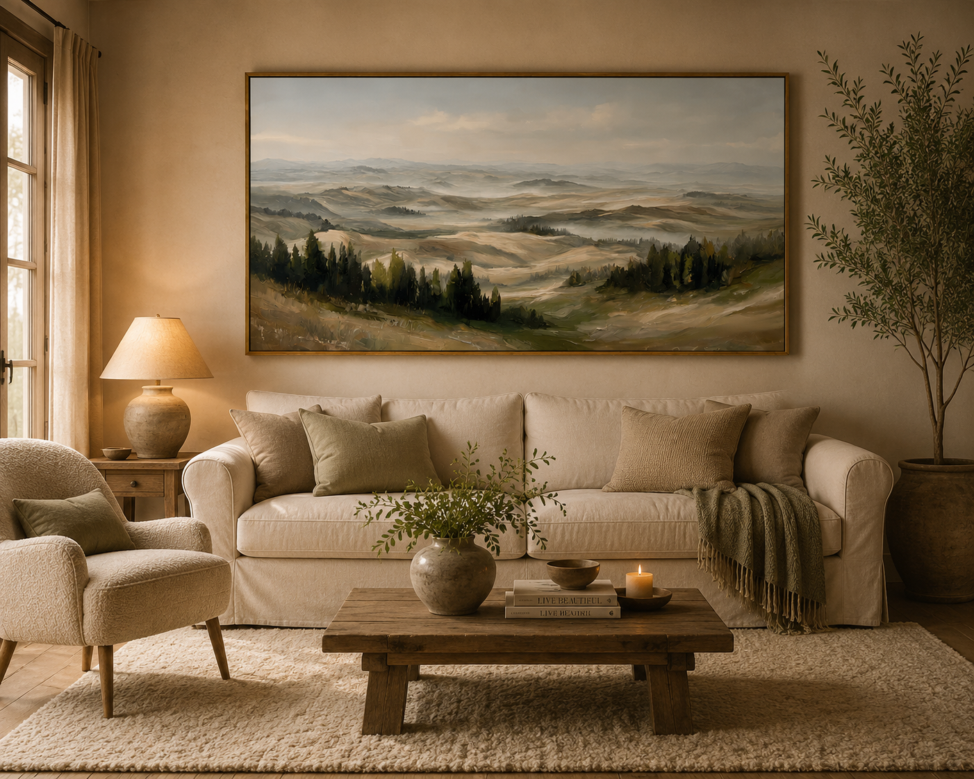 Misty Rolling Hills Landscape Painting – Panoramic Neutral Nature Wall Art#OA 0895