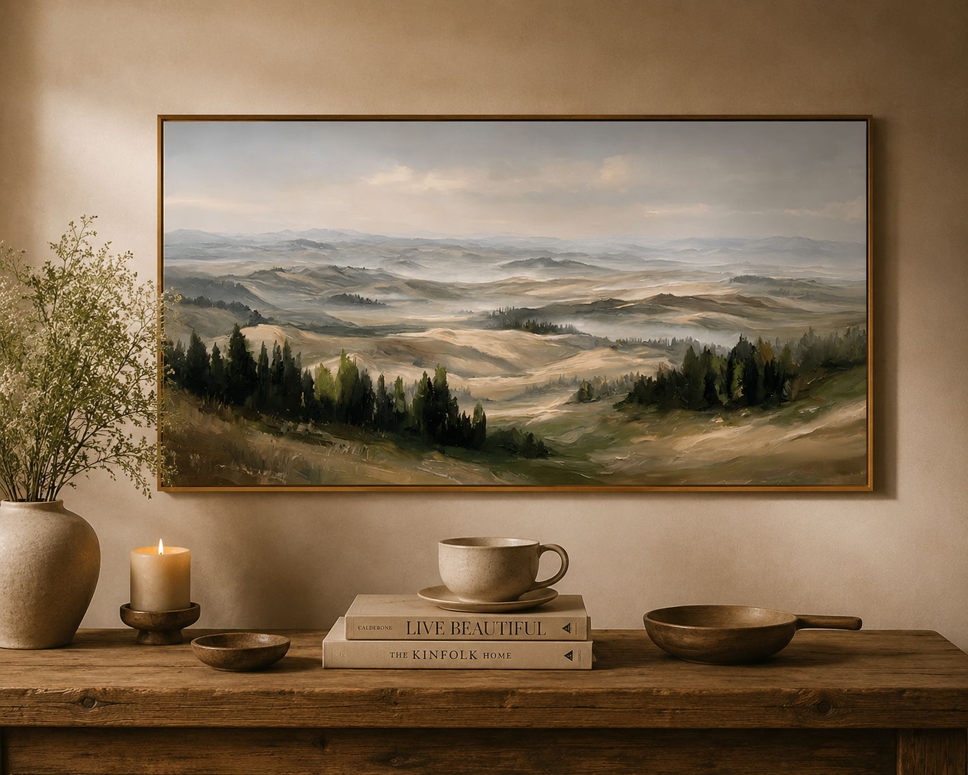 Misty Rolling Hills Landscape Painting – Panoramic Neutral Nature Wall Art#OA 0895