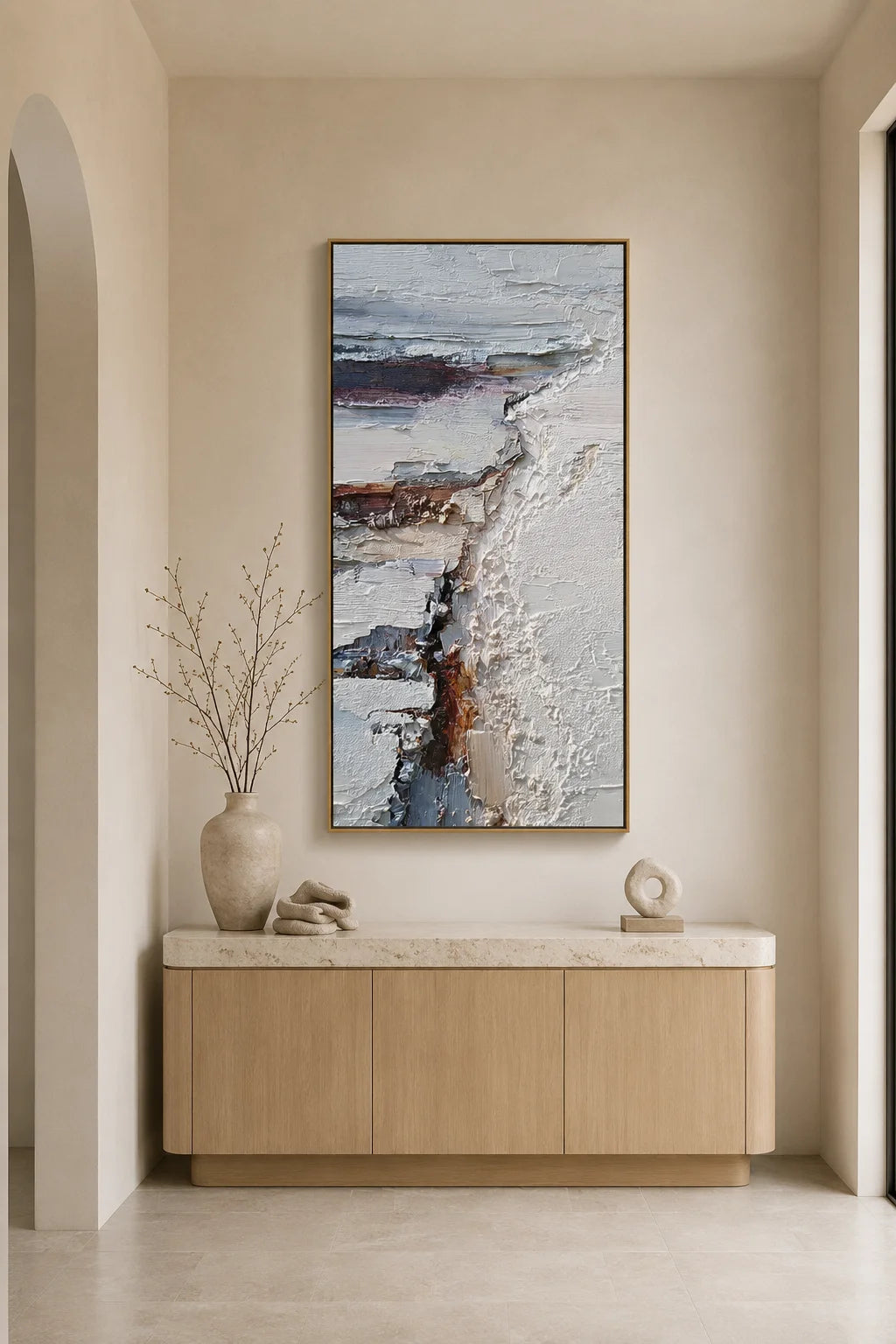 Minimalist White Textured Abstract Painting – Modern Vertical Wall Art#OA 0904