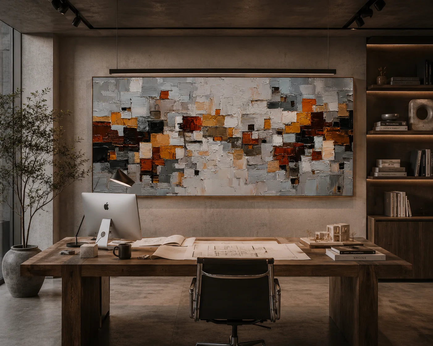 Modern Geometric Abstract Oil Painting – Gray Orange Textured Wall Art#OA 0902