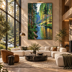 Forest Stream Landscape Oil Painting – Sunlit Woodland River Canvas Wall Art #OA 1377
