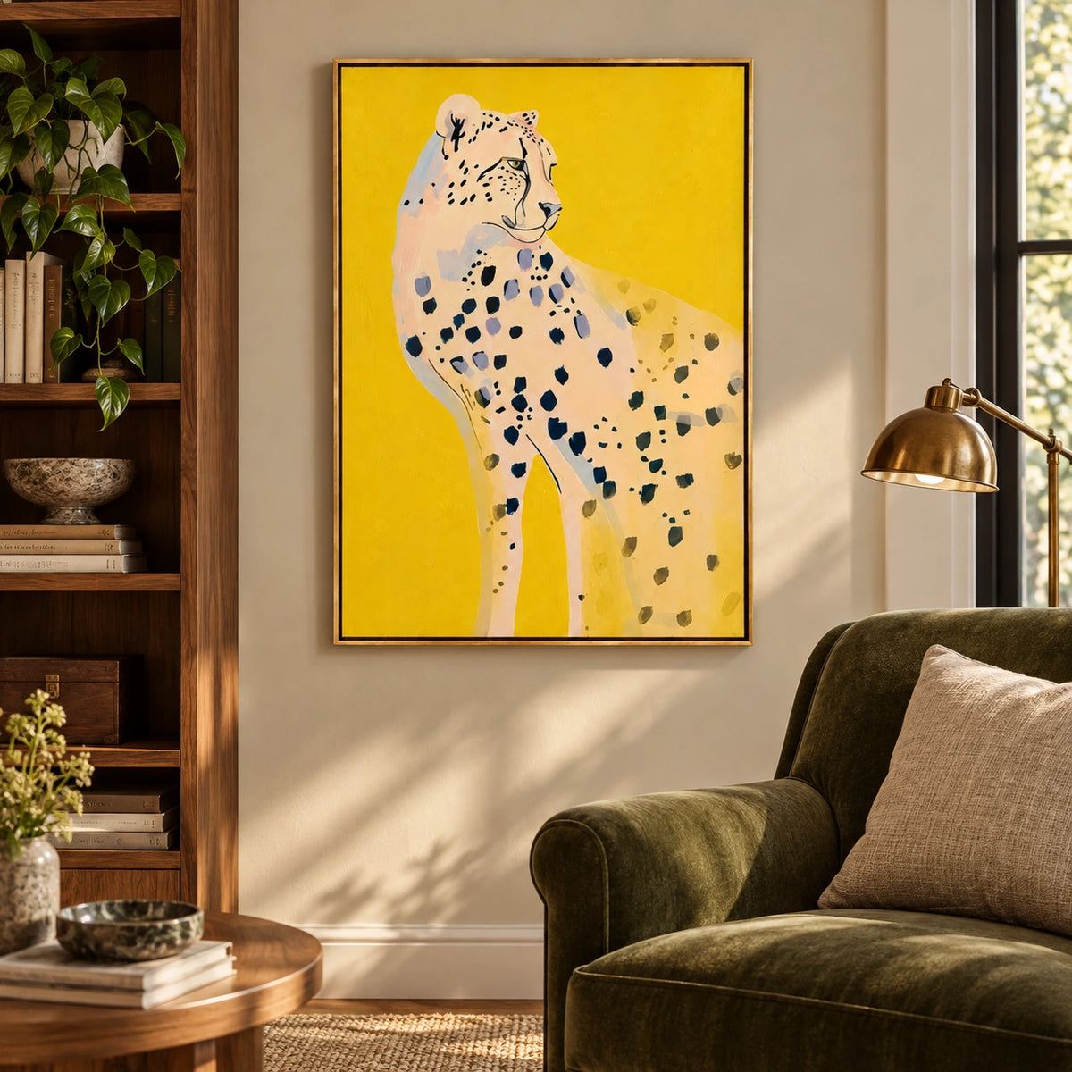 Cheetah on Yellow Oil Painting | Colorful Wildlife Animal Portrait Vertical Canvas Wall Art #OA 1634